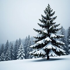 Obraz premium Serene snow-covered pine tree in a tranquil forest, still, landscape, snow