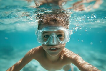 Naklejka premium Smiling child underwater wearing goggles. Perfect for summer, travel, and kids' themes.