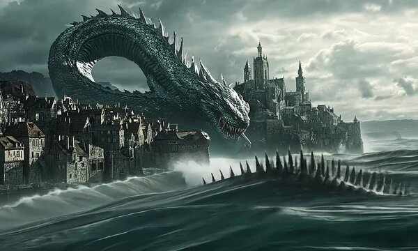 Majestic Dragon Emerges from Stormy Seas Near an Ancient Castle, Captivating Landscape with Towering Waves and Dark Clouds Above, Evoking a Sense of Mystery and Adventure with ai generated.