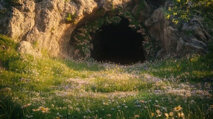 Fototapeta premium Dark cave entrance hidden in a field of wildflowers.