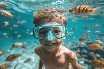 Fototapeta premium Smiling boy wearing a diving mask underwater, surrounded by colorful fish. Perfect for travel, summer, or children's themes; evokes joy and underwater adventure.
