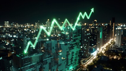A Vibrant City Skyline Illuminated by a Rising Green Graph, Signifying Economic Growth and Digital Innovation Over a Canopy of Twinkling City Lights Against a Dark Sky