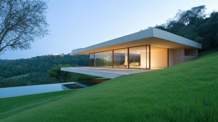 A large house with a pool and a grassy hillside