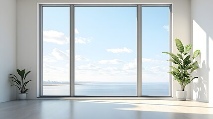 Obraz premium A minimalist window with a large glass pane, surrounded by smooth white walls.