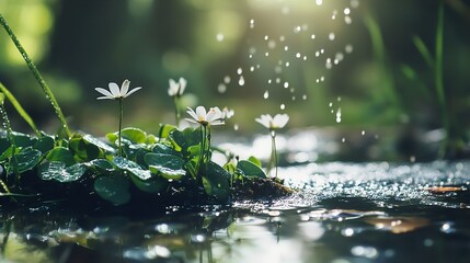 White Flowers in Rain: A Serene Nature Scene