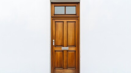 A narrow wooden door with a clear glass window at the top, placed against a white backdrop.