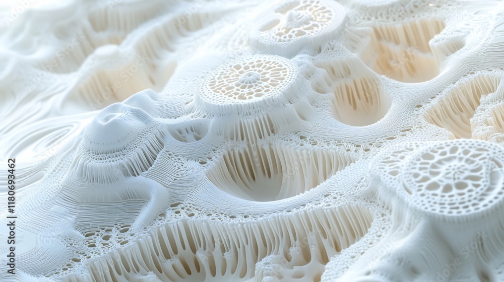 Poster abstract 3d rendered white organic texture with intricate patterns and formations resembling a lands