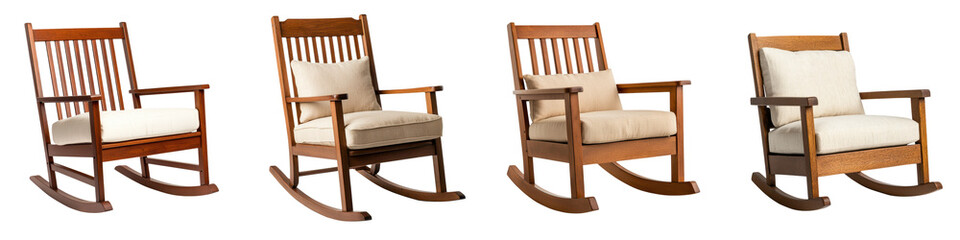 Vintage wooden rocking chairs in various indoor and outdoor home settings providing a cozy and comfortable space for relaxation and leisure  These classic
