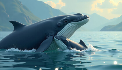 Obraz premium Whale Calf with Mother - Loving Connection