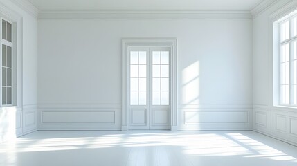 Obraz premium A wide sliding glass door, creating an open feel in a pristine white room.