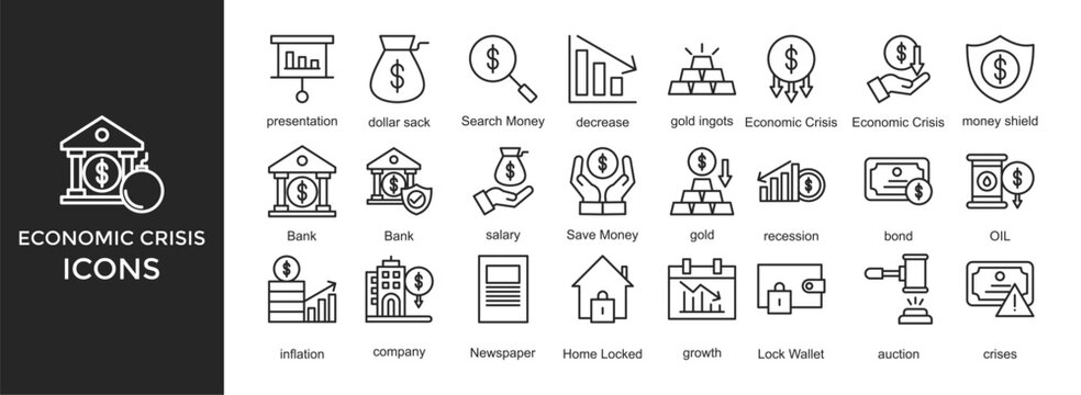 economic crisis icon set. with icon bank,finance,economy,crisis,economic