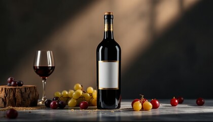 Obraz premium Wine bottle mockup on dark background, customizable label