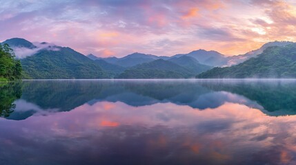 Serene sunrise over calm lake reflecting colorful sky and misty mountains.