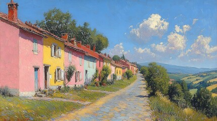 Pastel houses line sunny hillside road.