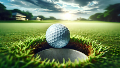 Golf A close-up of a golf ball positioned on the edge of a hole, surrounded by lush green grass The backg3