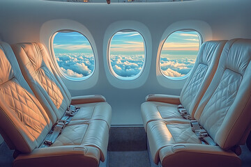  interior of luxurious private jet with plush leather seats exudes opulence and comfort, offering a panoramic view of azure sky and fluffy clouds