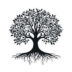 Black Silhouette of Tree with Branches, Leaves, and Roots on White Background
