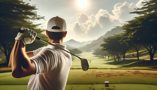 Golf A back view of a golfer in a white shirt and cap, swinging the golf club with precision The backgrou3