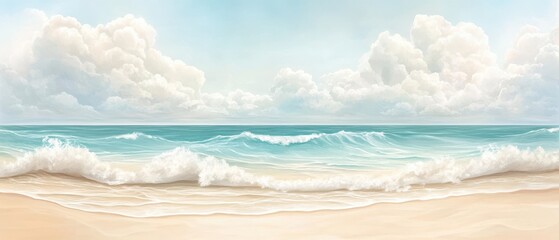 A painting of a beach with a large wave crashing in the distance