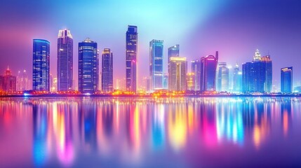 Fototapeta premium Dubai Marina skyline at night, glittering lights reflecting on the water,