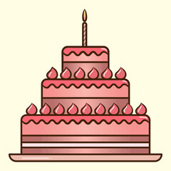 A pink three-tier birthday cake decorated with swirls and a lit candle vector illustration. Perfect for birthday celebrations and celebrations of any kind