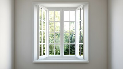 A simple modern window with a clear glass panel, framed in white metal, offering a view of a neutral interior.