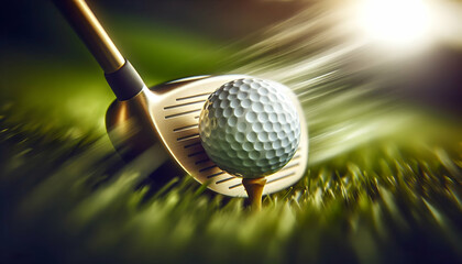 Golf A side angle of a golf ball teed up, with a golden golf club mid-swing, capturing the motion blur of2