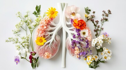 Lungs Anatomy Model with Colorful Flowers  Spring Floral Arrangement  Respiratory System  