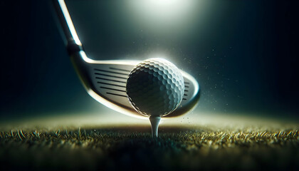 Golf A side-angle view of a golf ball on a tee, with the club head approaching the ball in a slow-motion 1