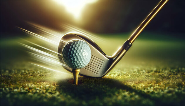 Golf A side angle of a golf ball teed up, with a golden golf club mid-swing, capturing the motion blur of1