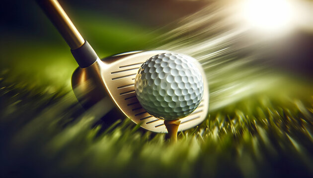 Golf A side angle of a golf ball teed up, with a golden golf club mid-swing, capturing the motion blur of2