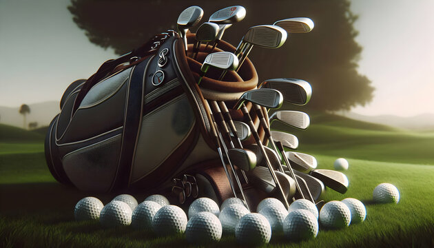 Golf A side view of a golf bag lying on the grass with multiple golf balls arranged around it and the clu4