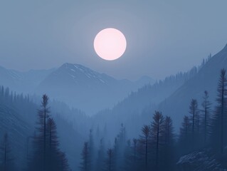 Serene Mountain Landscape with Full Moon and Misty Forest