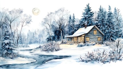 Winter cabin, moonlit forest stream, snowy landscape, holiday card