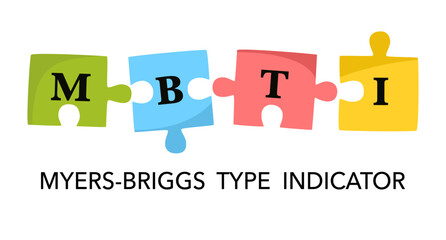 Myers-Briggs type indicator on the puzzle shape. MBTI psychological test concept.