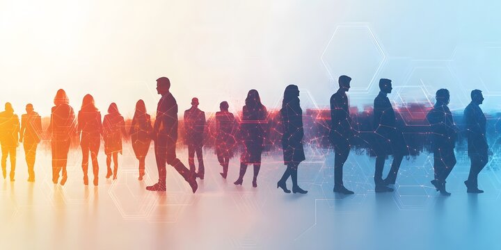 Silhouettes of Diverse People with Digital Network Overlay in Abstract Background - Powered by Adobe