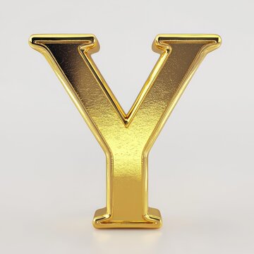 Metallic yellow gold Y, bright and shiny, facing front on a white platform.