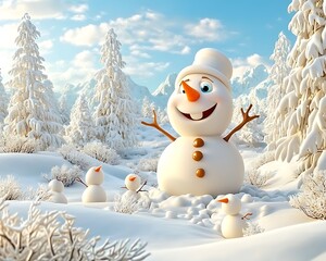 Obraz premium Panoramic view of happy snowman in winter, Joyful and Cheerful Snowman Surrounded by a Beautiful Panoramic Winter Landscape Under a Clear Blue Sky with Frosty Trees and Snow-Covered Ground