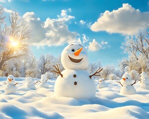 Obraz premium Panoramic view of happy snowman in winter, Cheerful Snowman Surrounded by Winter Wonderland in a Bright Panoramic Scene with Soft Clouds and Glowing Sunlight