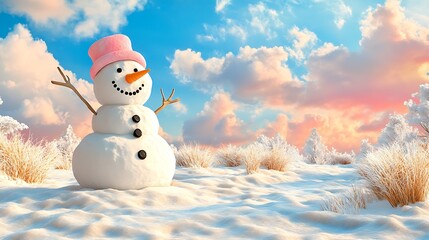 Obraz premium Panoramic view of happy snowman in winter, Happy Snowman in a Panoramic Winter Landscape with Colorful Sky and Snow-Covered Ground, Perfect for Holiday and Seasonal Themes