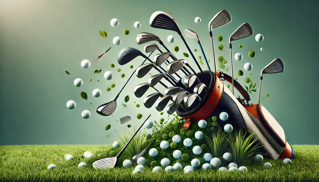 Golf A creative composition with the golf bag tilted on its side, spilling clubs and golf balls onto the 2