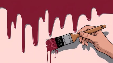 Vector Illustration of a Hand Holding a Paintbrush Dripping Red Paint onto a Canvas with Abstract Patterns