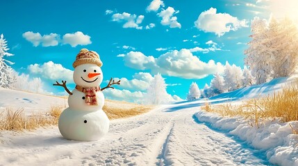 Obraz premium Panoramic view of happy snowman in winter, Panoramic Winter Landscape Featuring a Joyful Snowman Surrounded by a Beautiful Snowy Landscape Under a Bright Blue Sky and Fluffy Clouds