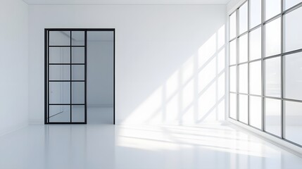 Obraz premium A glass sliding door with a simple metal frame, providing a view of a light, white room.