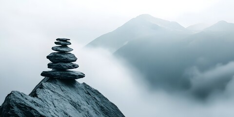 Minimalist stone pyramid structure balancing atop a rocky outcrop overlooking a serene misty mountain landscape with dramatic moody atmosphere Conceptual image evoking tranquility harmony