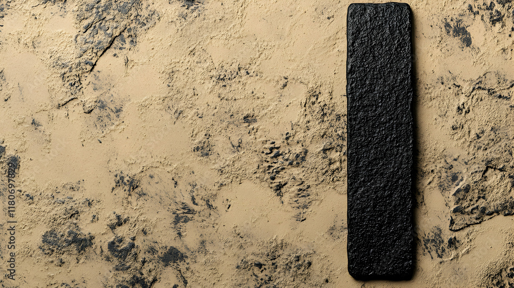 Poster abstract textured background featuring a vertical black rectangle on a beige, distressed surface. id