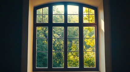 A classic glass window with a dark wooden frame, subtly lit by natural light.