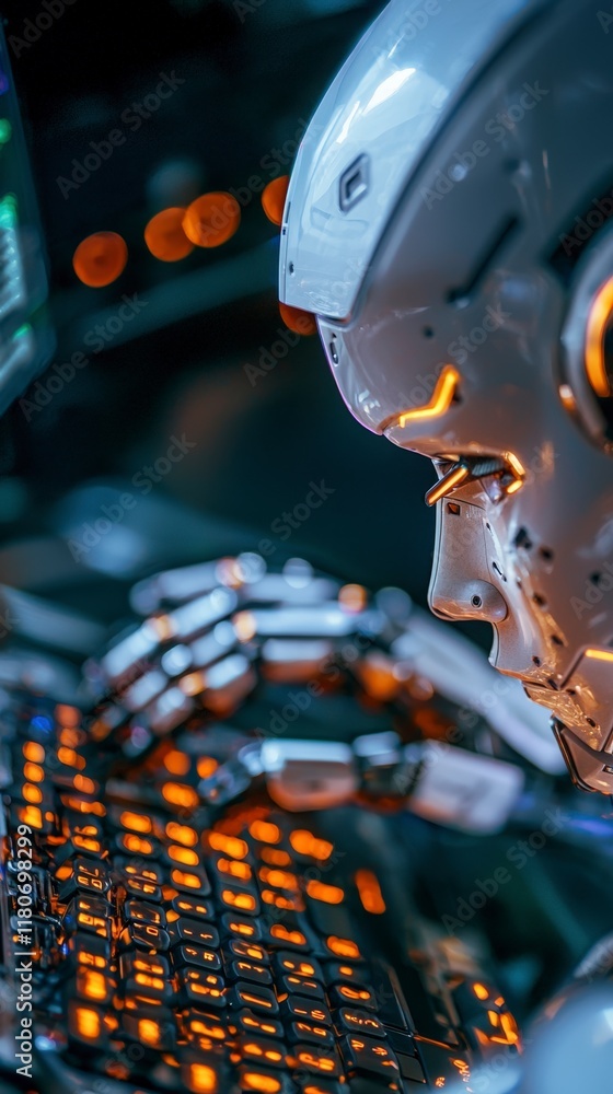 Poster futuristic robot typing on illuminated keyboard in cyber world
