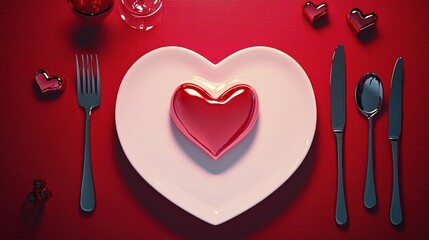 Heart-shaped plate with cutlery on the side, set against a vibrant red background, representing a romantic Valentine's Day dinner table setting in an elegant and stylish design.  