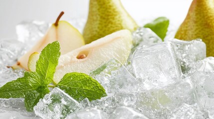 Juicy pears and mint leaves chilling on ice.